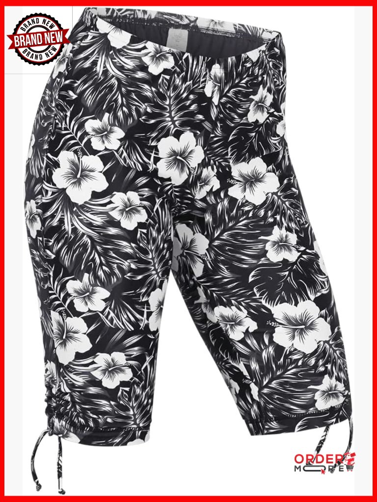 Women's Upf 50+ Swim Jammer Long Shorts Mid-Rise Relaxed Fit Navy Floral
